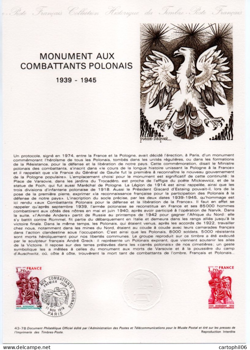 - Document Premier Jour LE MONUMENT AUX COMBATTANTS POLONAIS (1939-1945) - PARIS 11.11.1978 - - WW2