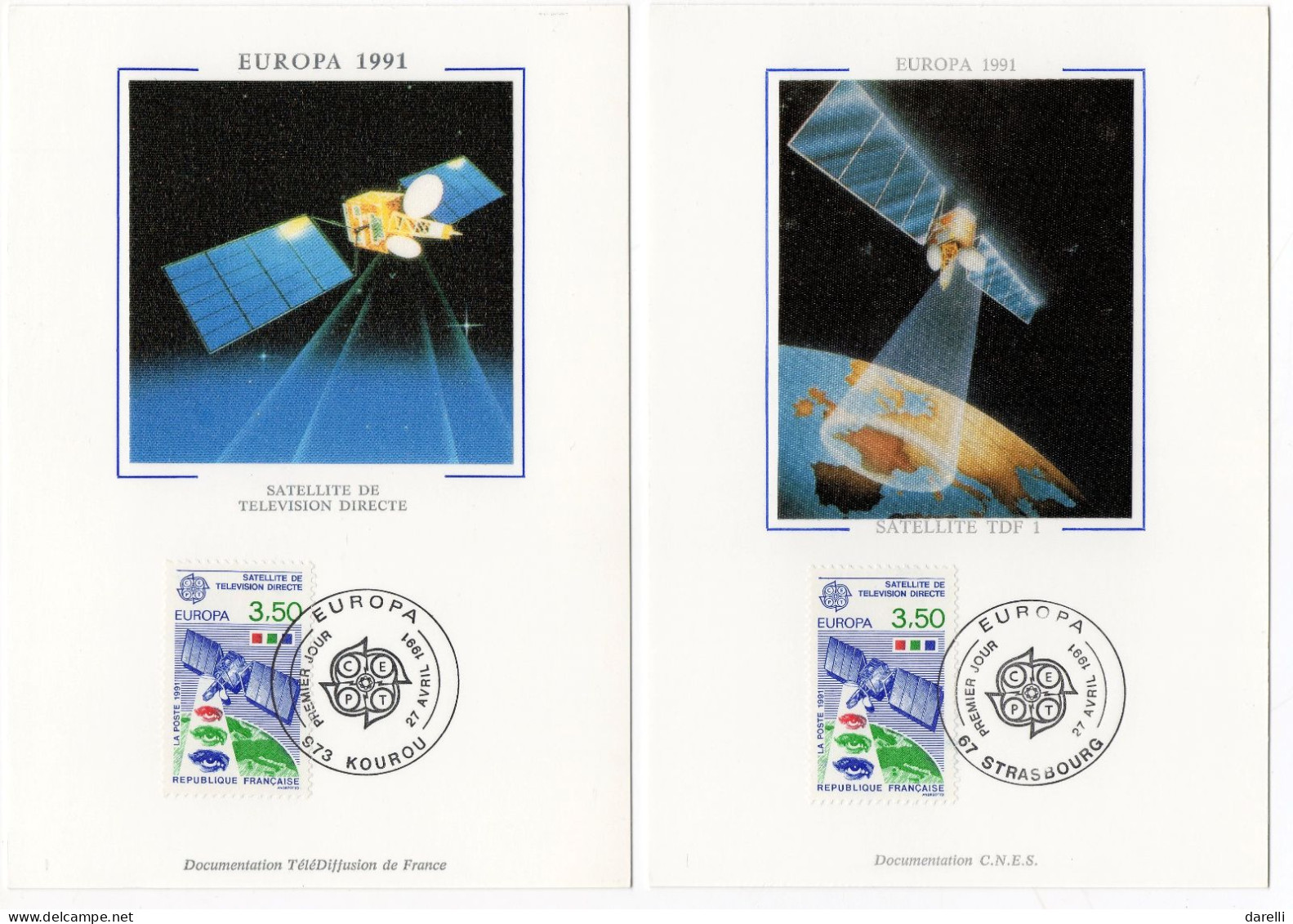 Carte Maximum 1991 -  Europa 1991 - L'Europe Et L'espace YT 2696 & 2697 - 973 Kourou & 67 Strasbourg - 1990-1999