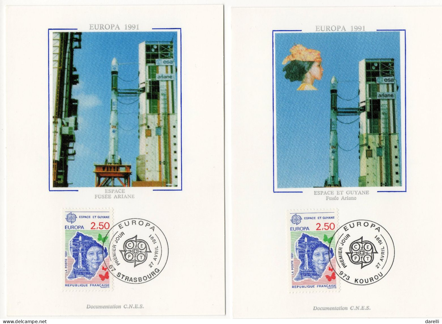 Carte Maximum 1991 -  Europa 1991 - L'Europe Et L'espace YT 2696 & 2697 - 973 Kourou & 67 Strasbourg - 1990-1999