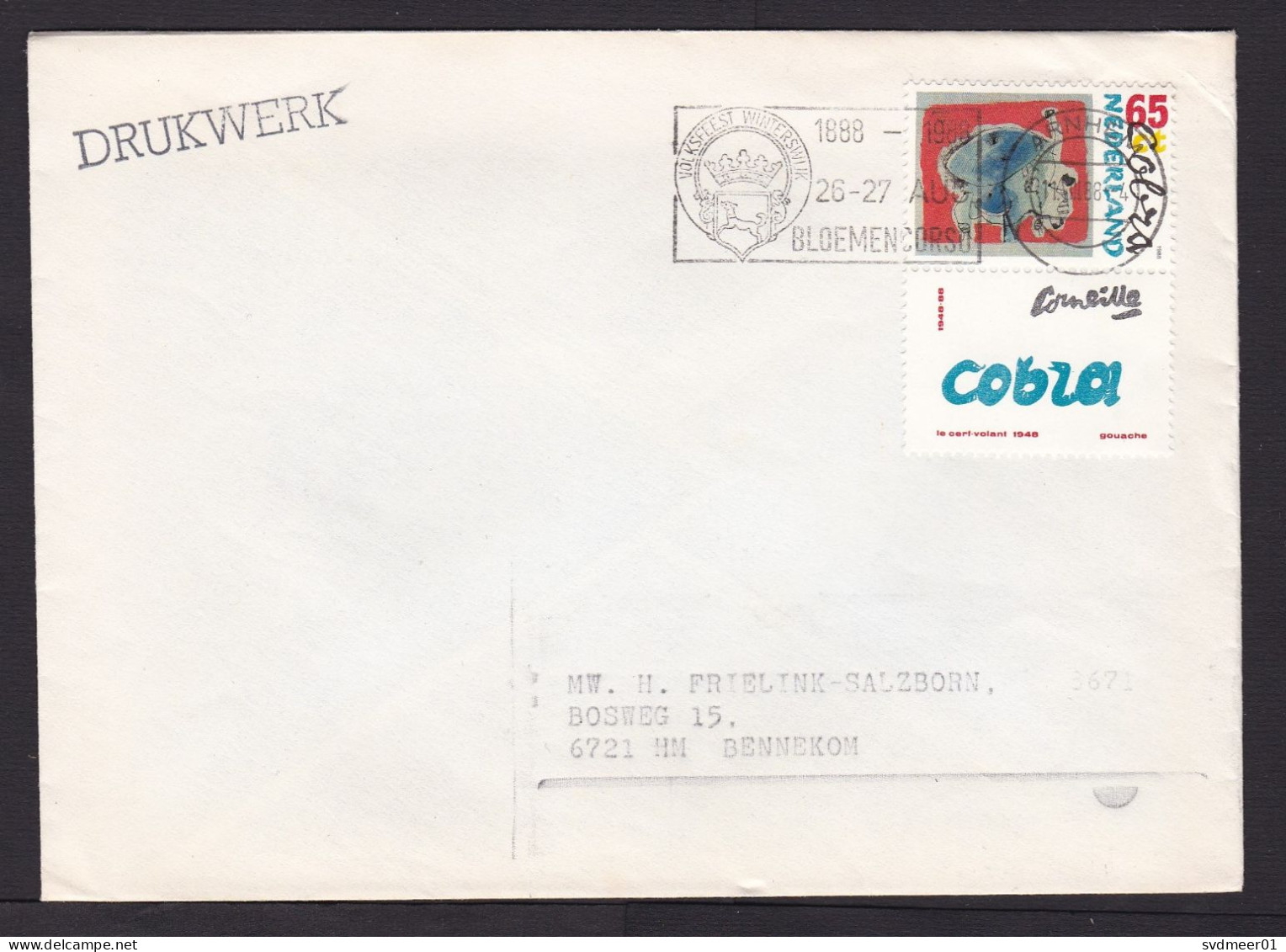 Netherlands: Cover, 1988, 1 Stamp+tab, Painting Corneille, Cobra Art, Cancel Heraldry Winterswijk (minor Discolouring) - Lettres & Documents