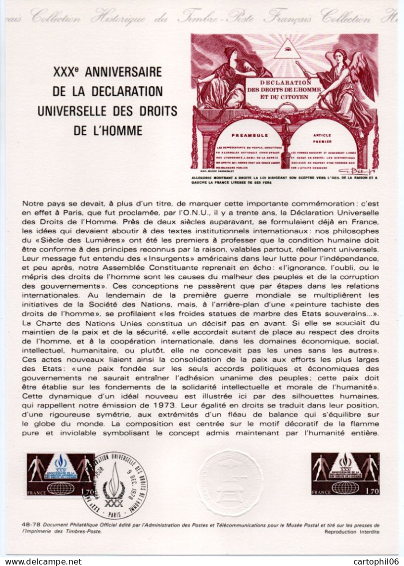 - Document Premier Jour LA DÉCLARATION UNIVERSELLE DES DROITS DE L'HOMME - PARIS 9.12.1978 - - Documents Of Postal Services