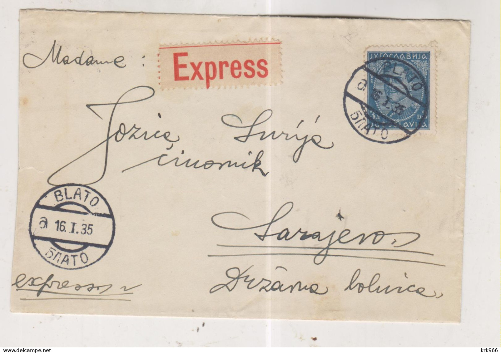 YUGOSLAVIA BLATO 1935 Priority  Cover To Sarajevo - Storia Postale