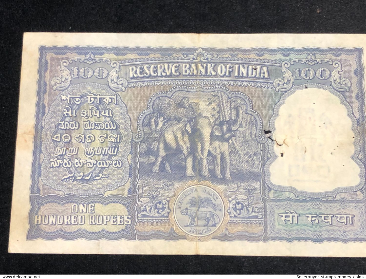 INDIA 100 RUPEES P-43  1957 TIGER ELEPHANT DAM MONEY BILL Rhas pinhole ARE BANK NOTE Black numbers above and below 1 pcs