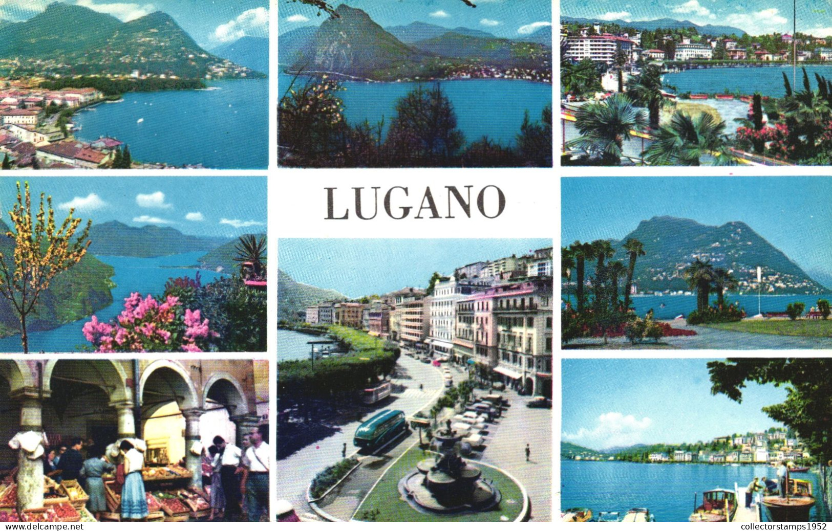 LUGANO, TICINO, MULTIPLE VIEWS, ARCHITECTURE, LAKE, BOATS, MARKET, FOUNTAIN, BOATS, PORT, SWITZERLAND, POSTCARD - Lugano