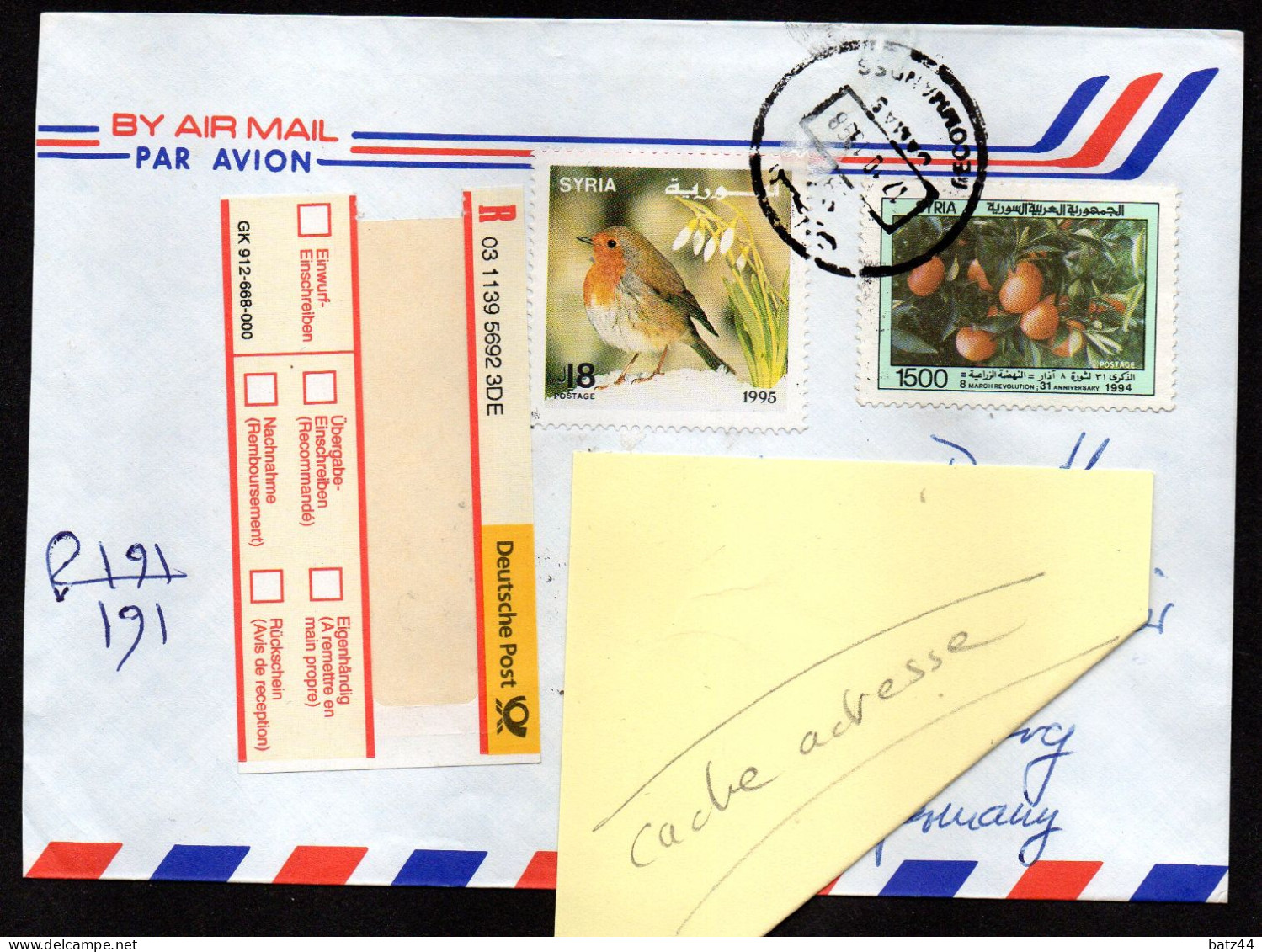 Syrie Syria Enveloppe Cover Letter En Recommandé De Damas N° 1048 Oiseau Rouge-gorge N° 1000 Mandarine - Syrie