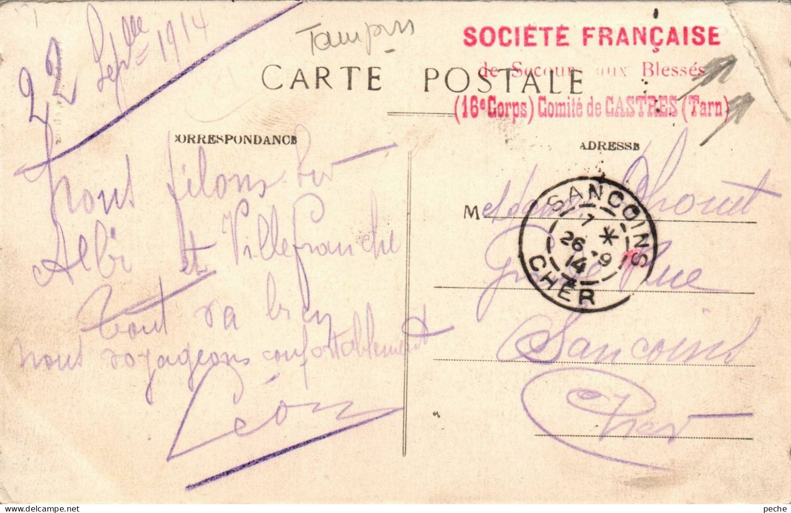 N°3101 W -cachet Société Française De Secours Aux Blessés -16è Corps -Castres- - WW I