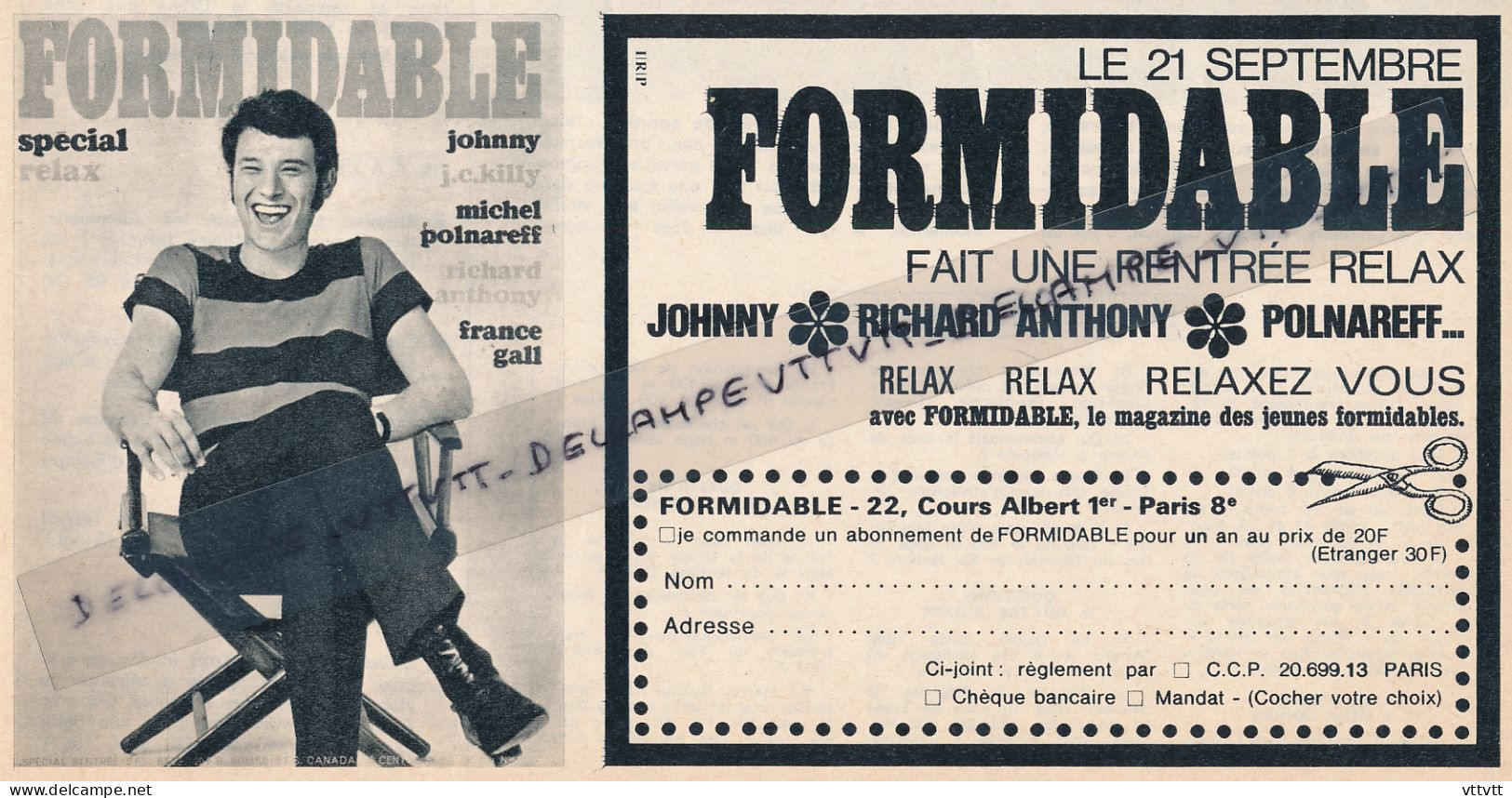 Ancienne Publicité (1967) : Revue FORMIDABLE, Johnny Hallyday, Polnareff, Richard Anthony, Killy, France Gall, Relax - Advertising