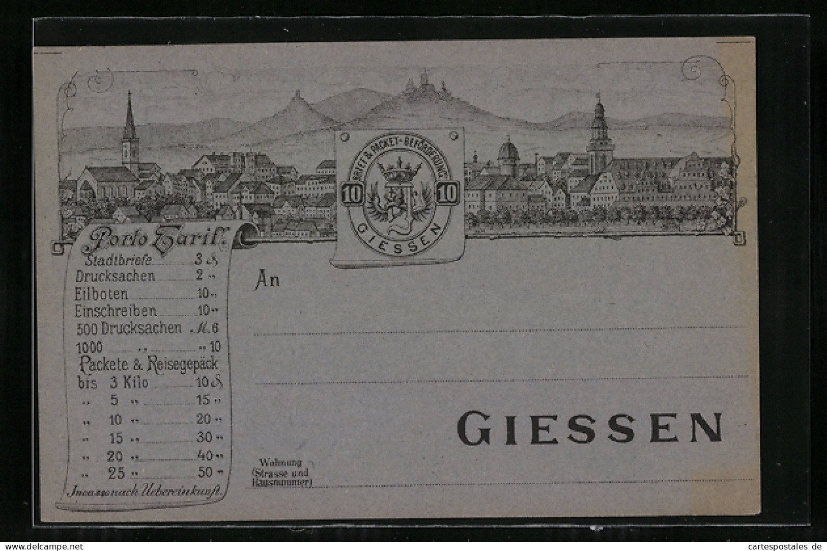 Lithographie Giessen, Stadtansicht, Private Stadtpost Brief & Packet-Beförderung, 10 Pfennig  - Timbres (représentations)