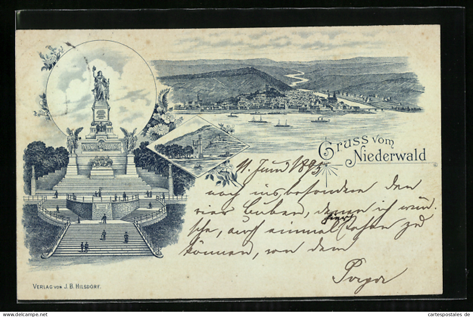 Vorläufer-Lithographie Bingen Am Rhein, 1895, Niederwalddenkmal, Blick Auf Die Stadt, Mäuseturm  - Autres & Non Classés