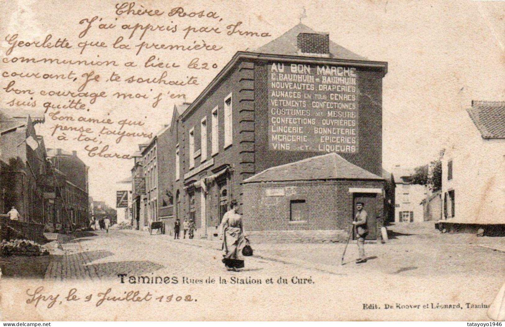 Tamines Rues De La Station Et Du Curé Animée Mur Publicitaire Voyagé En 1902 - Sambreville