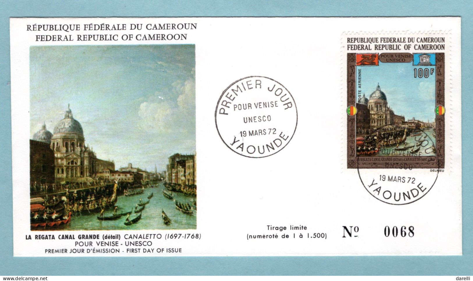 FDC Cameroun 1972 - Sauvegarde De Venise œuvre De Canaletto Et Caffi – YT PA 197 - Yaounde - Cameroon (1960-...)