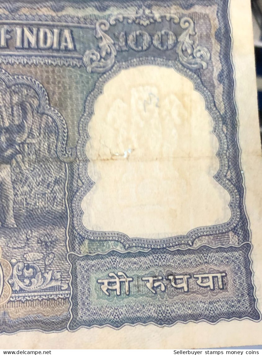 INDIA 100 RUPEES P-43  1957 TIGER ELEPHANT DAM MONEY BILL Rhas pinhole ARE BANK NOTE Black numbers above and below 1 pcs