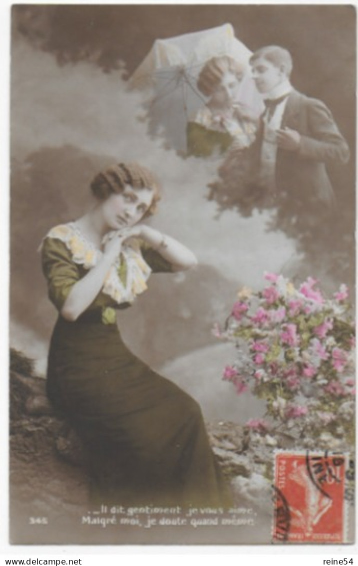 Carte Fantaisie Portrait Femme Et Couple Femme Avec Ombrelle Fleurs Edit. N° 34-5 CPA Circulée 1918 - Femmes