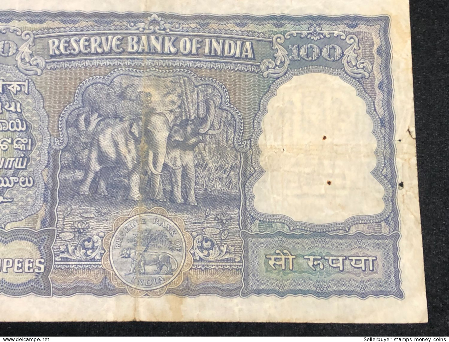 INDIA 100 RUPEES P-43  1957 TIGER ELEPHANT DAM MONEY BILL Rhas pinhole ARE BANK NOTE Black numbers above and below 1 pcs