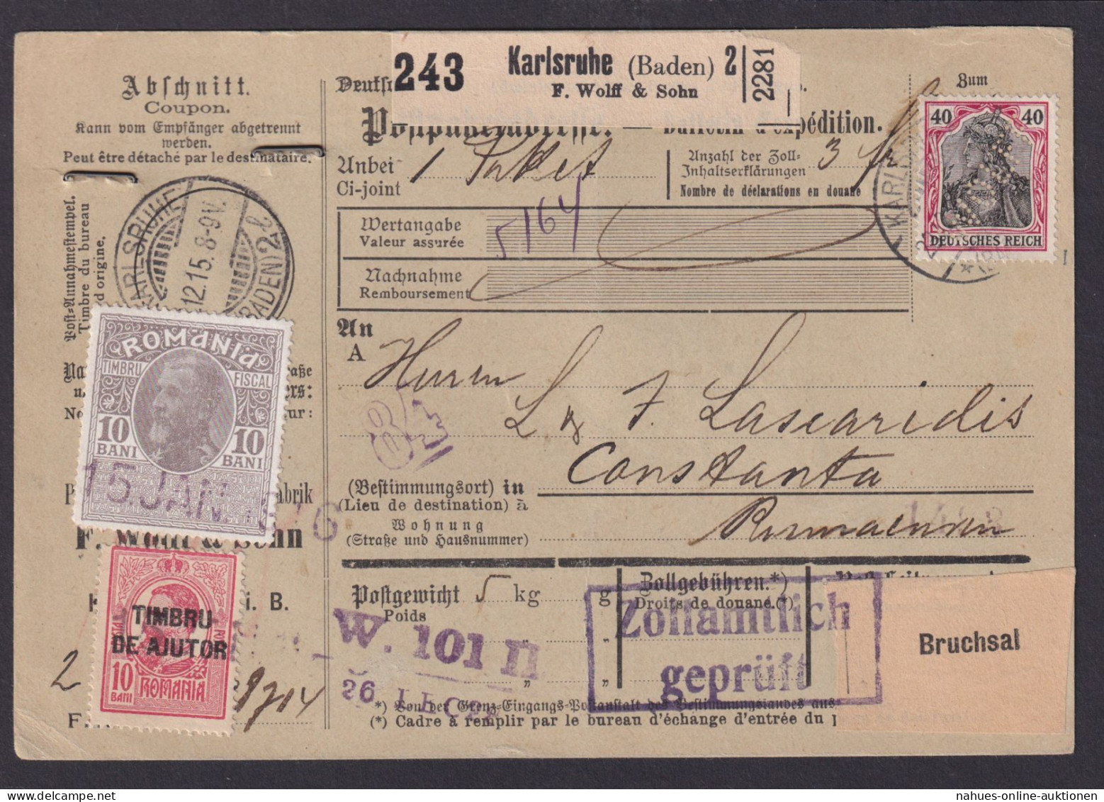 Perfin Privat Lochung Deutsches Reich Paketkarte Karsruhe Constanta Rumänien - Covers & Documents