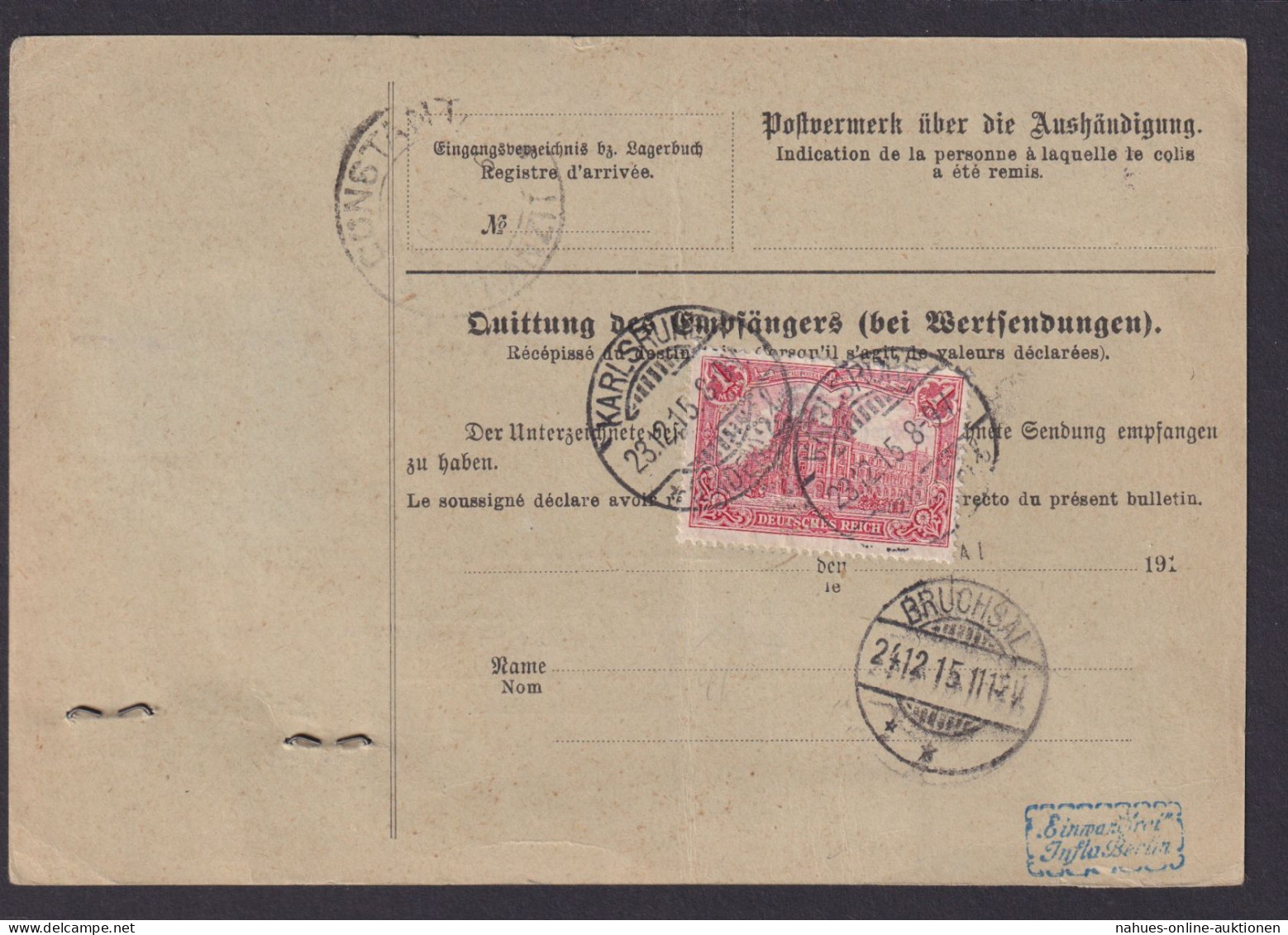 Perfin Privat Lochung Deutsches Reich Paketkarte Karsruhe Constanta Rumänien - Covers & Documents