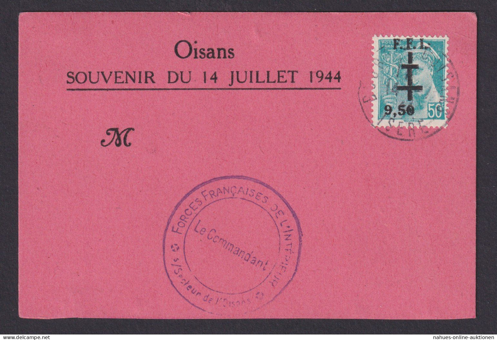 Frankreich Oisans Souvenir Du 14 Juillet 1944 Aufdruck F.F.I. 9,50 Auf 50c - Lettres & Documents