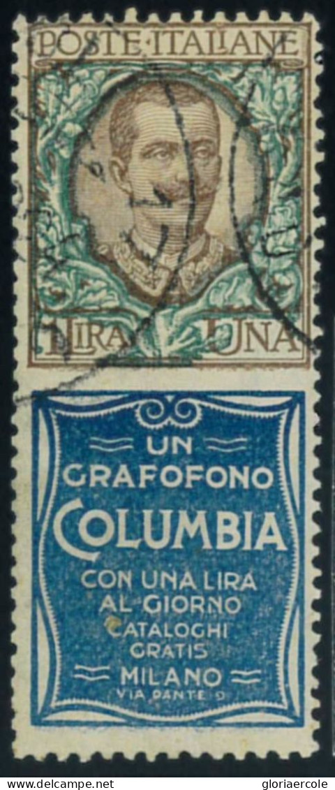 P3106 B - ITALIA REGNO , PUBBLICITARI, SASSONE 19 , LEGGERMENTE , USATO , LIRE 1 , COLUMBIA - Gebraucht