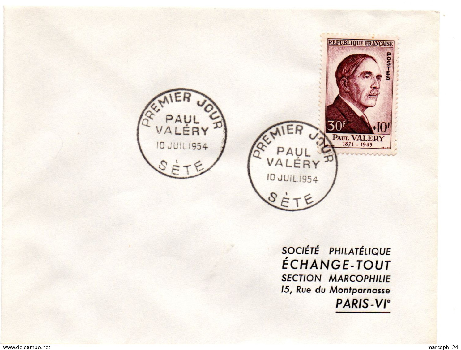 ECRIVAIN / PAUL VALERY = 34 SETE 1954 = CACHET PREMIER JOUR N° 994  Sur ENVELOPPE ENTIERE - Schrijvers