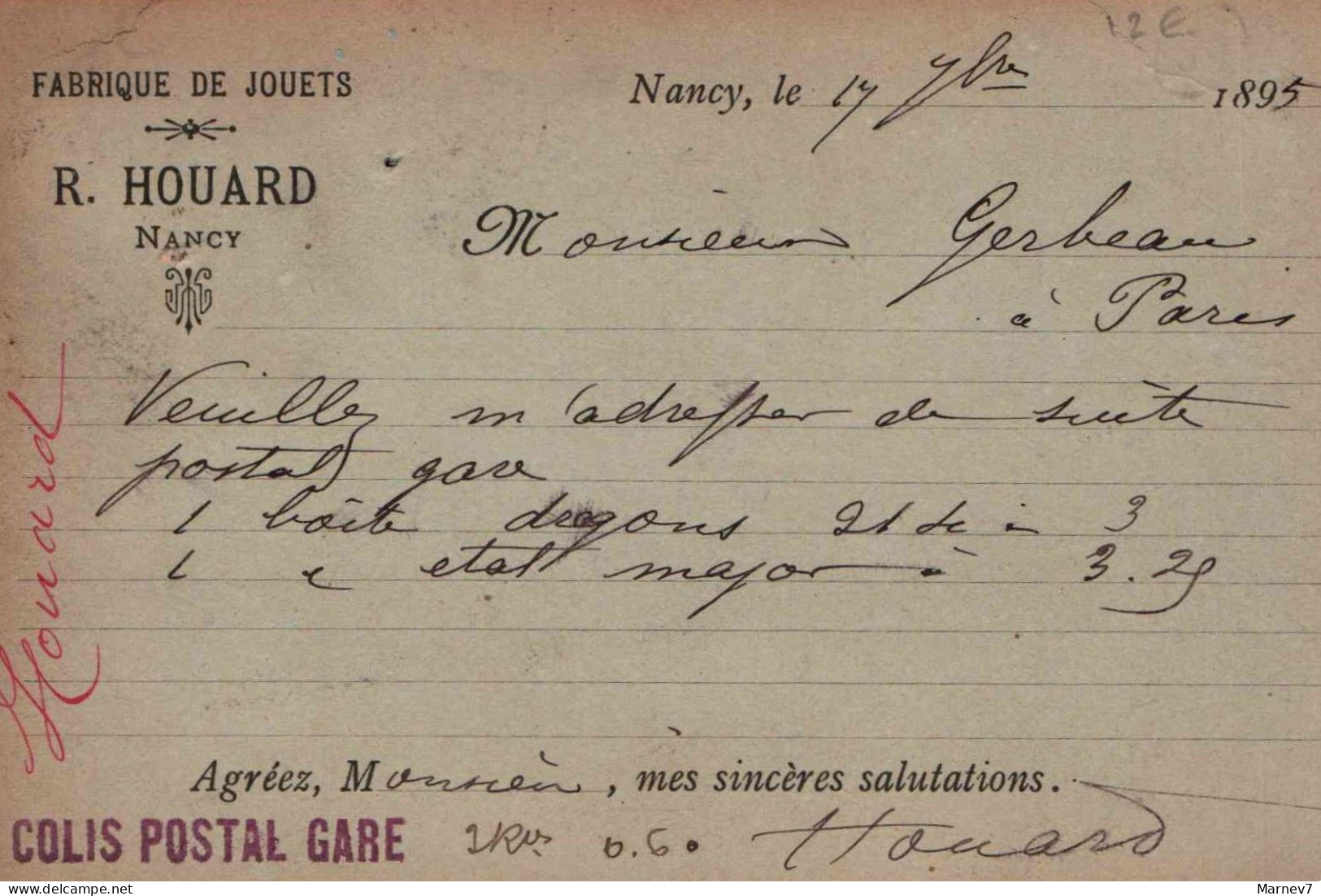 Carte Postale Précurseur 1895 - Nancy - Fabrique De Jouets  HOUARD - Colis Postal Gare - De Nancy à Paris - Jeux Et Jouets