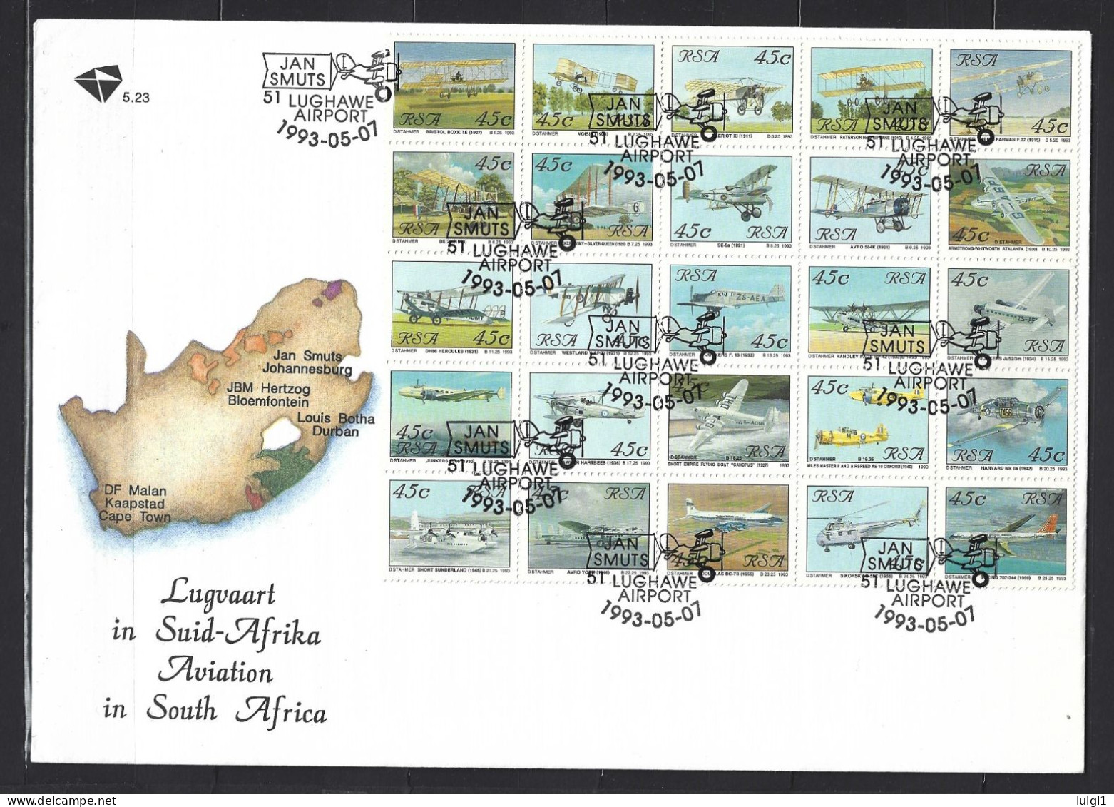 SOUTH AFRICA1993 - Bloc-feuillet Aviation Sud Africaine . Oblitération Du 1993-05-07. JAN SMUTS 51 LUGHAWE AIRPORT. - Lettres & Documents