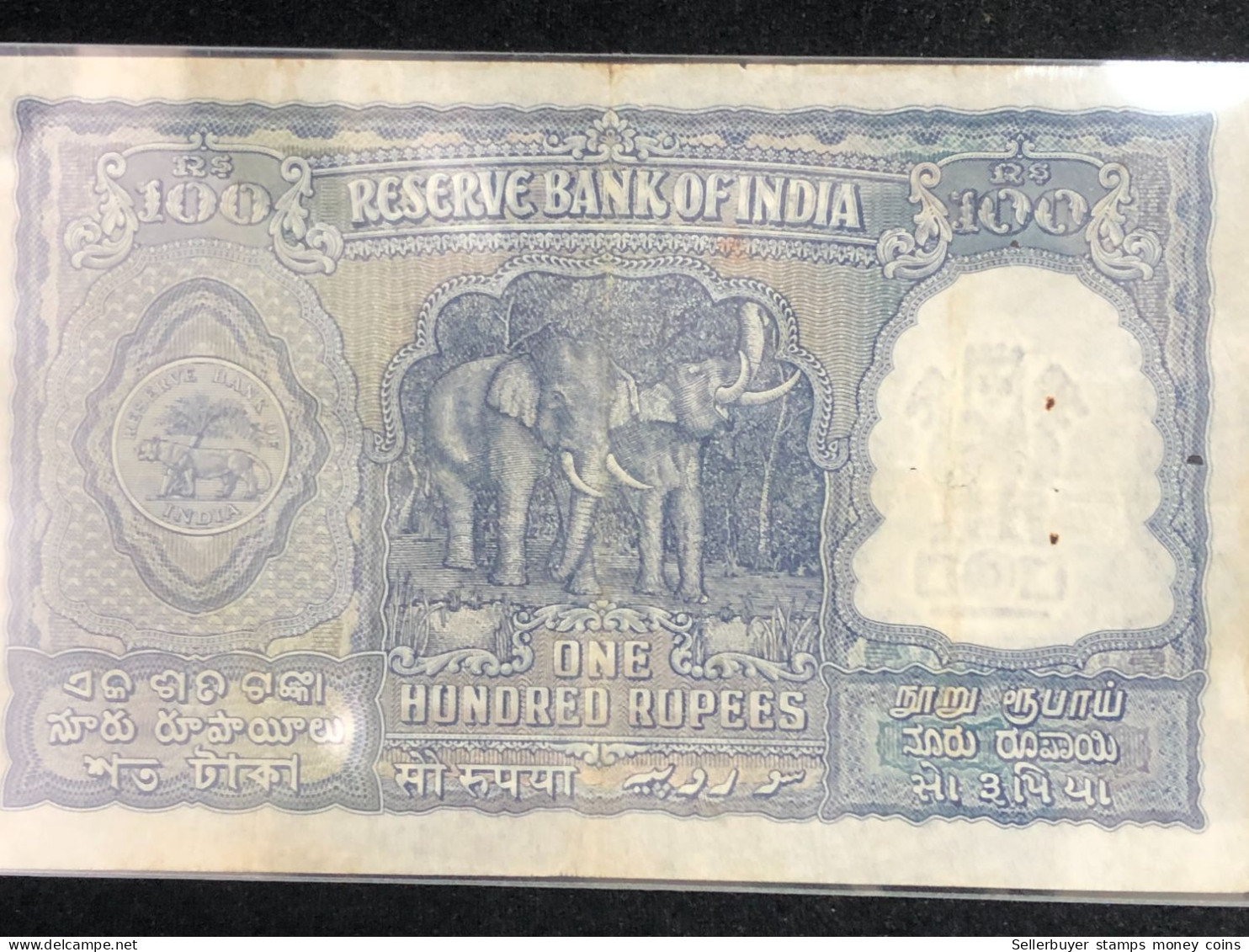 INDIA 100 RUPEES P-43  1957 TIGER ELEPHANT DAM MONEY BILL Rhas pinhole ARE BANK NOTE black number below 1 pcs au very ra