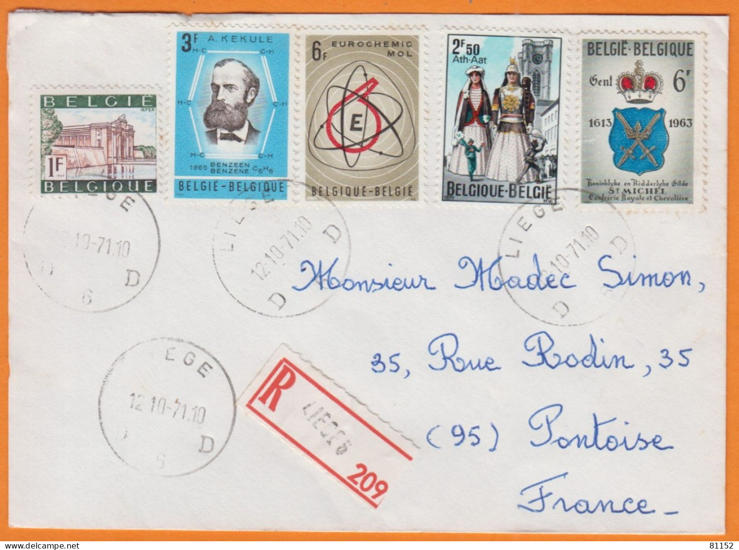 Belgique    Lettre Recommandée De LIEGE  Avec 5  Timbres 1971   Pour 95 PONTOISE - Covers & Documents