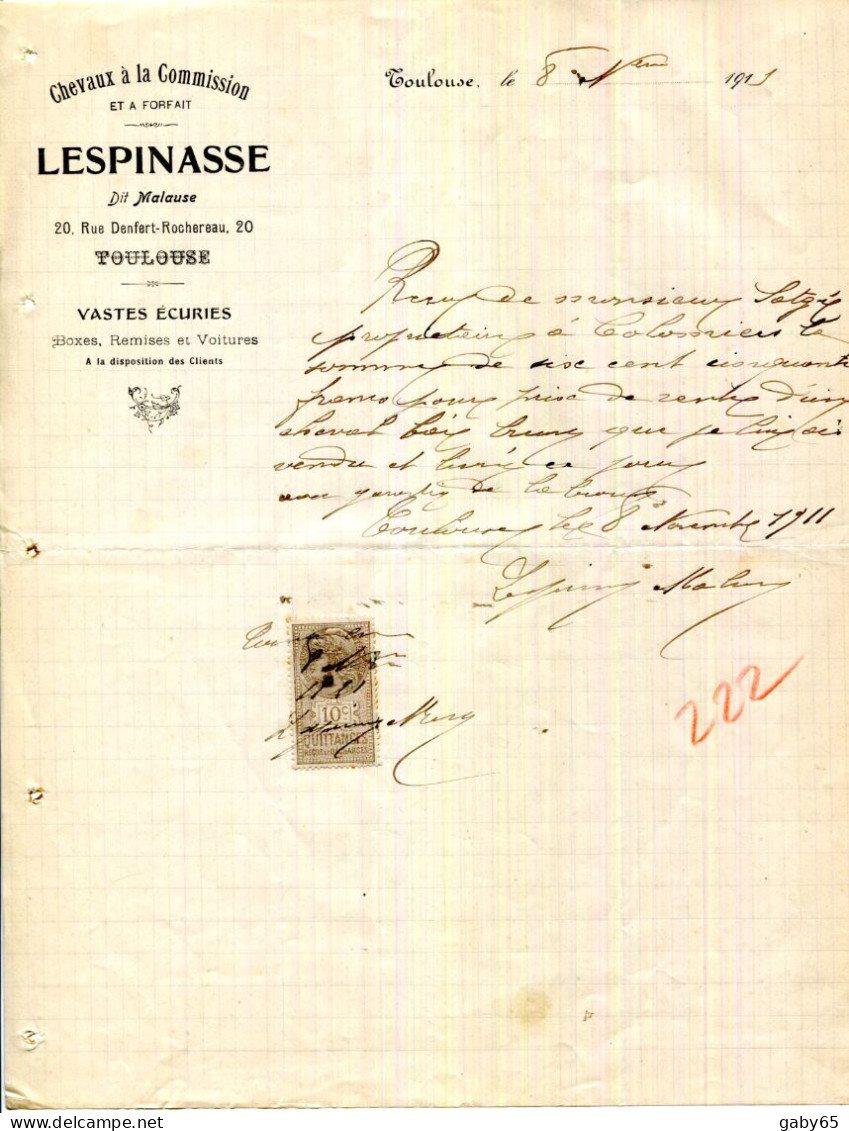 FACTURE.31.TOULOUSE.CHEVAUX A LA COMMISSION.VASTES ECURIES.LESPINASSE DIT MALAUSE 20 RUE DENFERT-ROCHEREAU. - Other & Unclassified