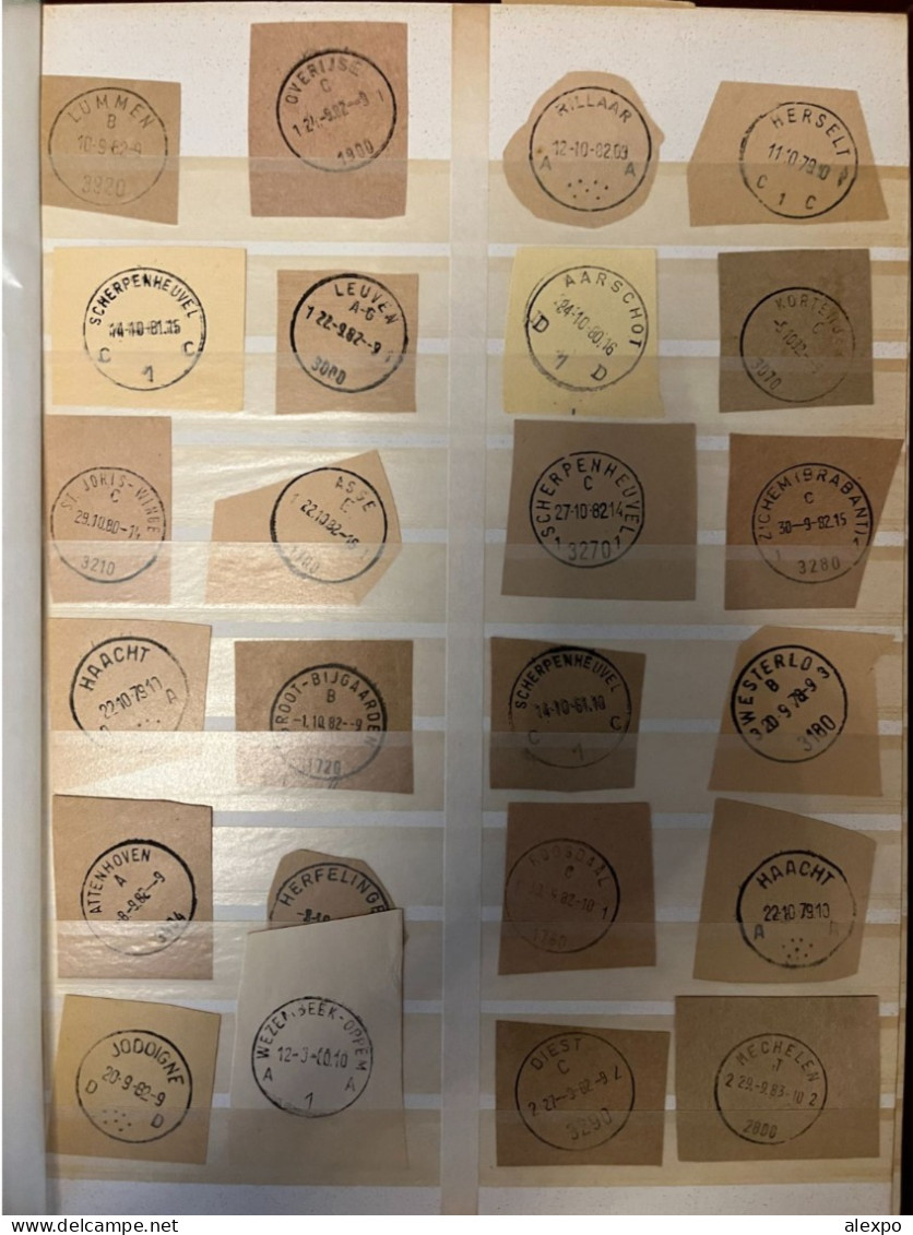Stempels van diverse postkantoren op briefstukjes, mooi vergelijkings material
