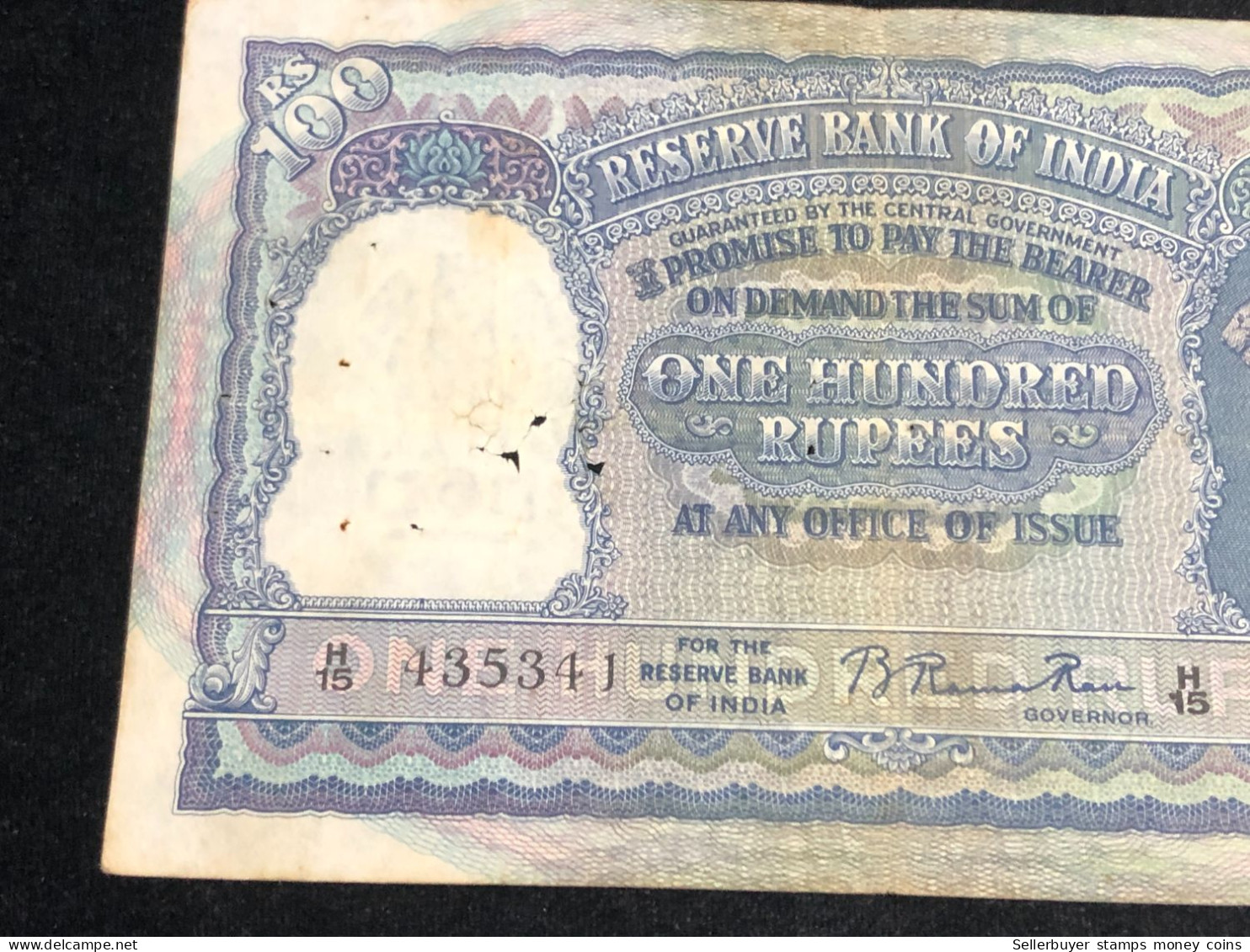 INDIA 100 RUPEES P-43  1957 TIGER ELEPHANT DAM MONEY BILL Rhas Pinhole ARE BANK NOTE Black Number Below 1 Pcs Au Very Ra - India