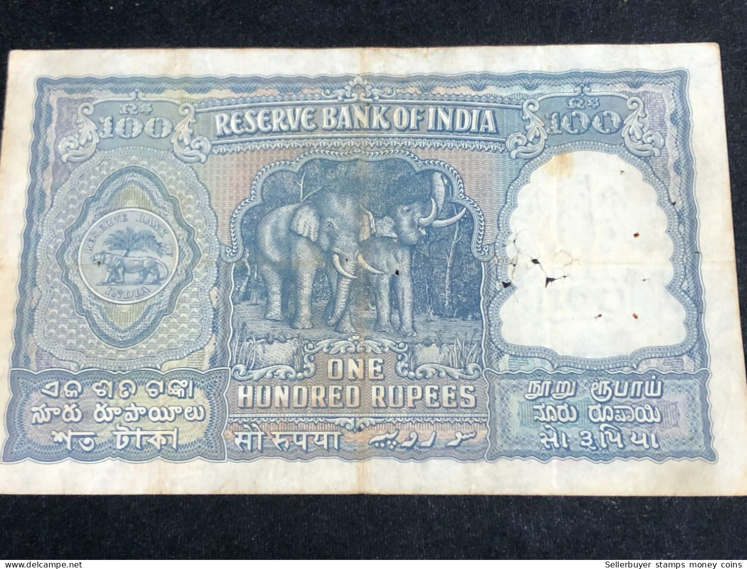 INDIA 100 RUPEES P-43  1957 TIGER ELEPHANT DAM MONEY BILL Rhas Pinhole ARE BANK NOTE Black Number Below 1 Pcs Au Very Ra - India