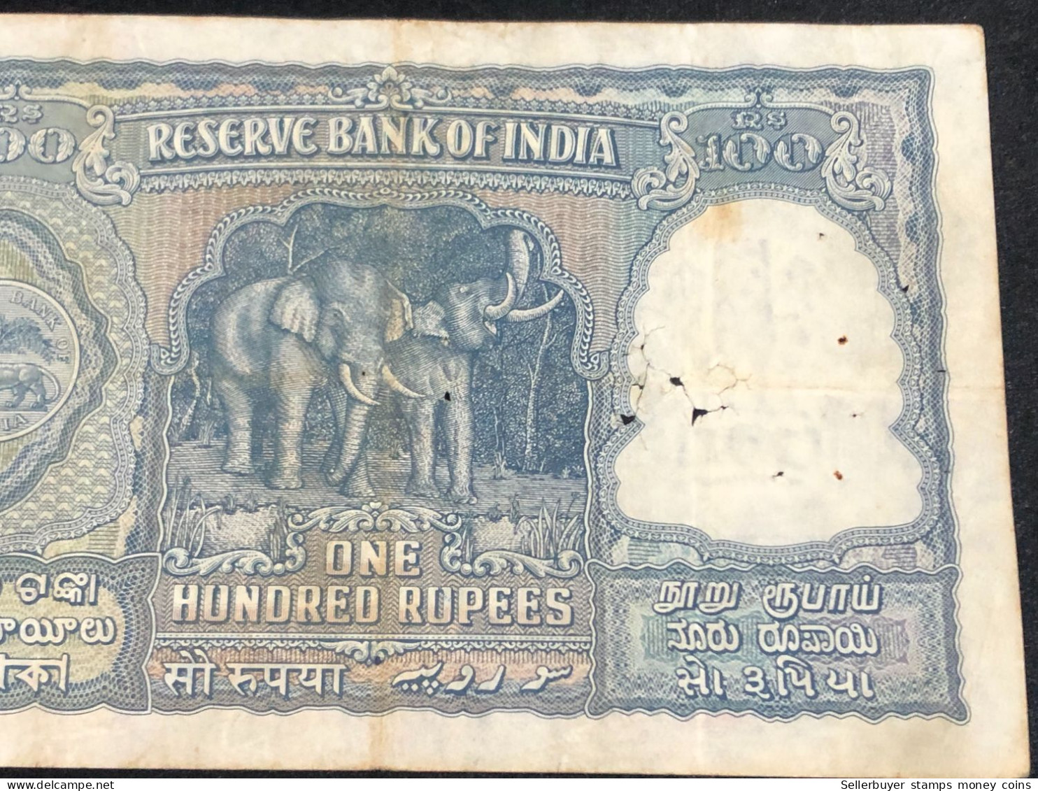 INDIA 100 RUPEES P-43  1957 TIGER ELEPHANT DAM MONEY BILL Rhas pinhole ARE BANK NOTE black number below 1 pcs au very ra