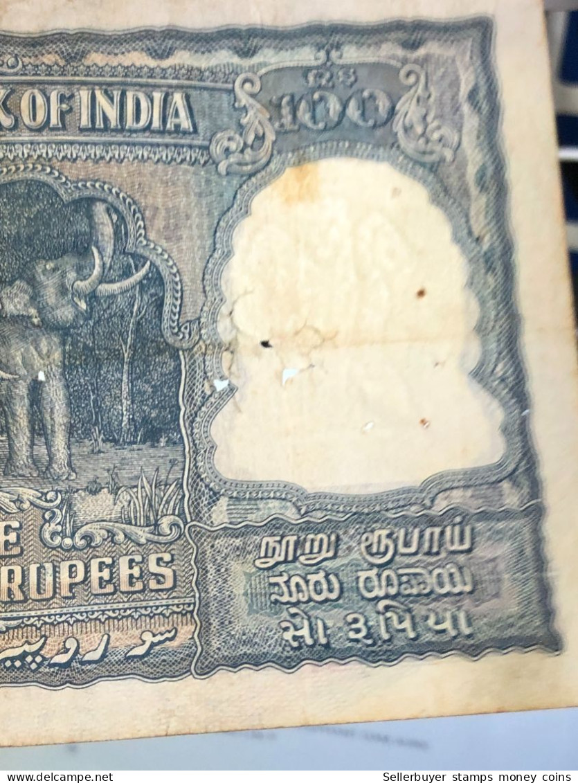 INDIA 100 RUPEES P-43  1957 TIGER ELEPHANT DAM MONEY BILL Rhas pinhole ARE BANK NOTE black number below 1 pcs au very ra