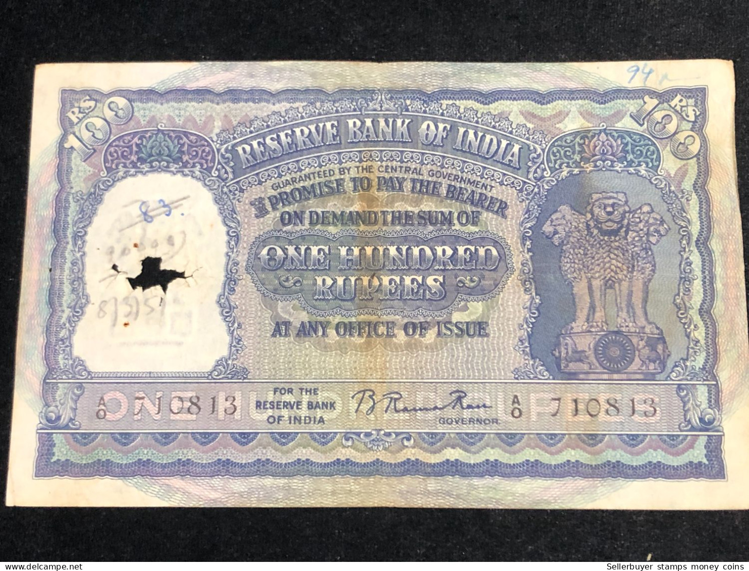 INDIA 100 RUPEES P-43  1957 TIGER ELEPHANT DAM MONEY BILL Rhas Pinhole ARE BANK NOTE Black Number Below 1 Pcs Au Very Ra - Inde