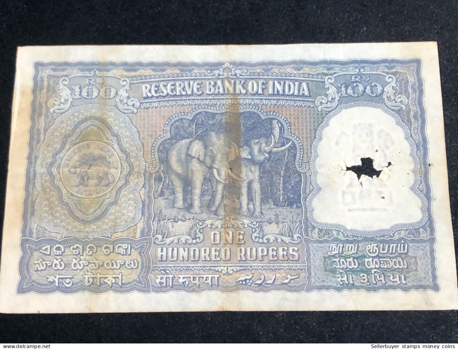 INDIA 100 RUPEES P-43  1957 TIGER ELEPHANT DAM MONEY BILL Rhas Pinhole ARE BANK NOTE Black Number Below 1 Pcs Au Very Ra - Inde