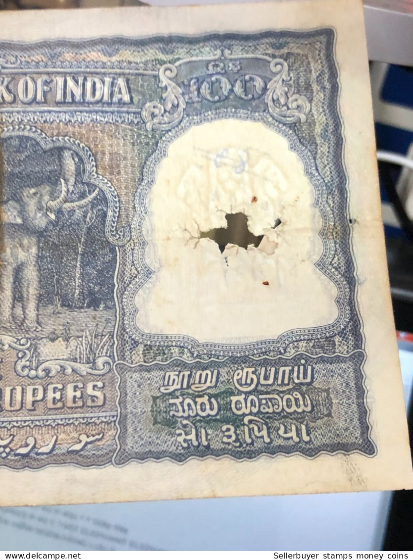 INDIA 100 RUPEES P-43  1957 TIGER ELEPHANT DAM MONEY BILL Rhas pinhole ARE BANK NOTE black number below 1 pcs au very ra
