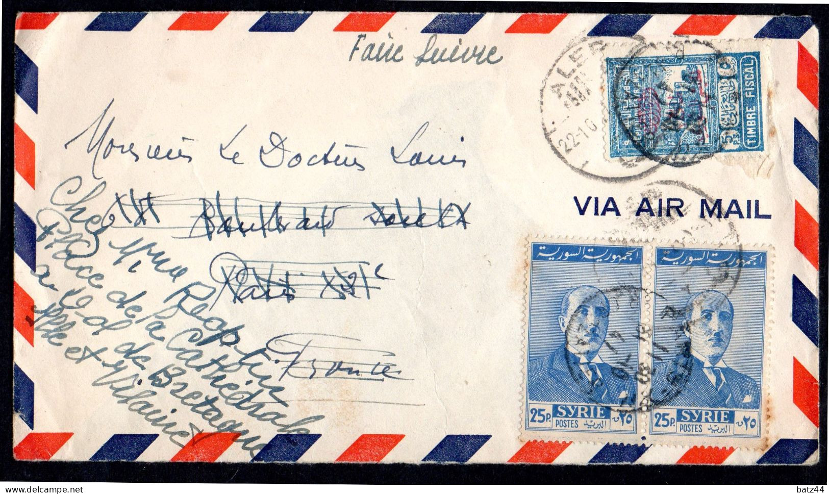 Syrie Syria Enveloppe Cover Letter Lettre Alep 22 10 47 Pour Paris 2 X N° 6  + 1 Fiscal 5 Piastre Surchargé Overprint - Syrie