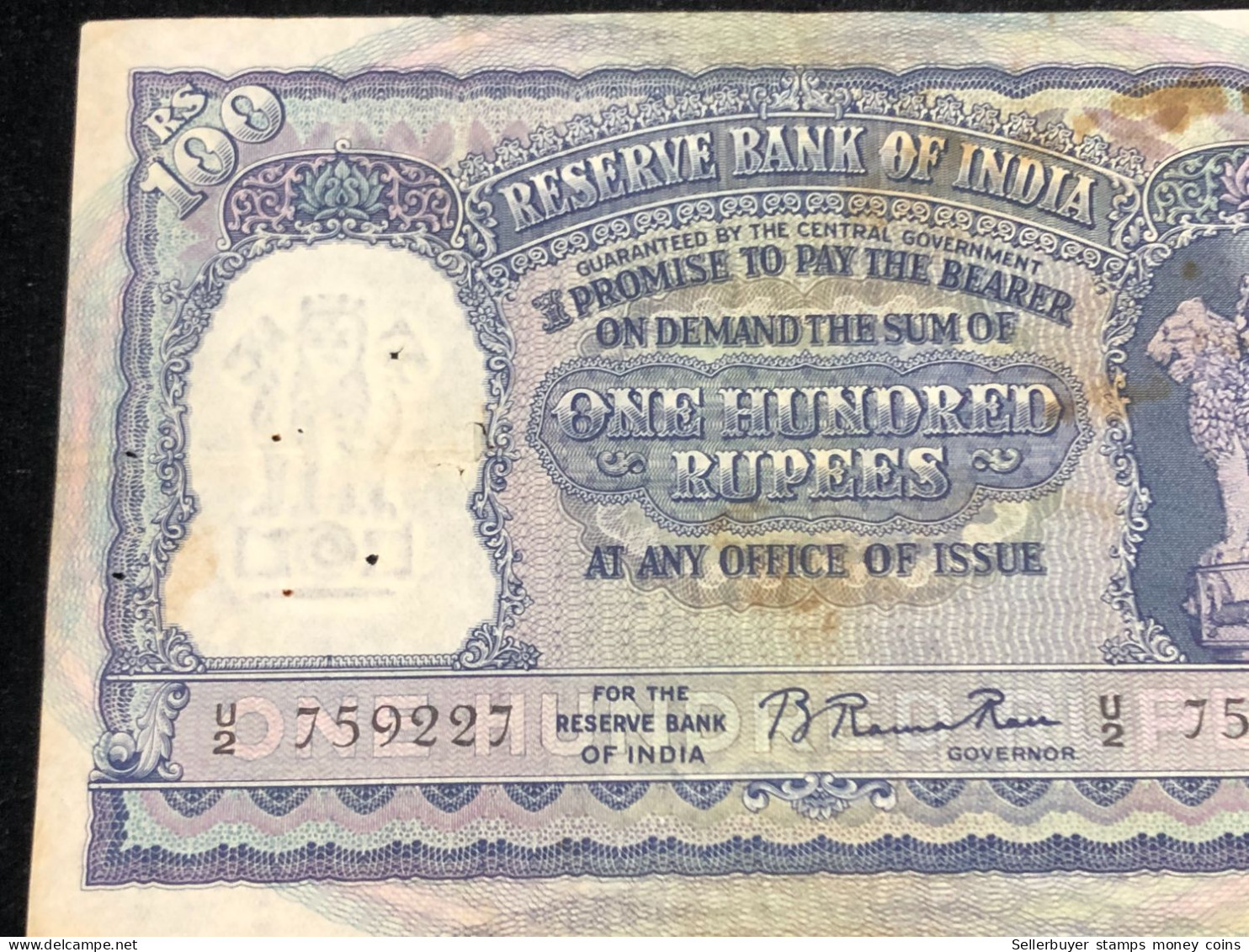 INDIA 100 RUPEES P-43  1957 TIGER ELEPHANT DAM MONEY BILL Rhas Pinhole ARE BANK NOTE Black Number Below 1 Pcs Au Very Ra - Inde