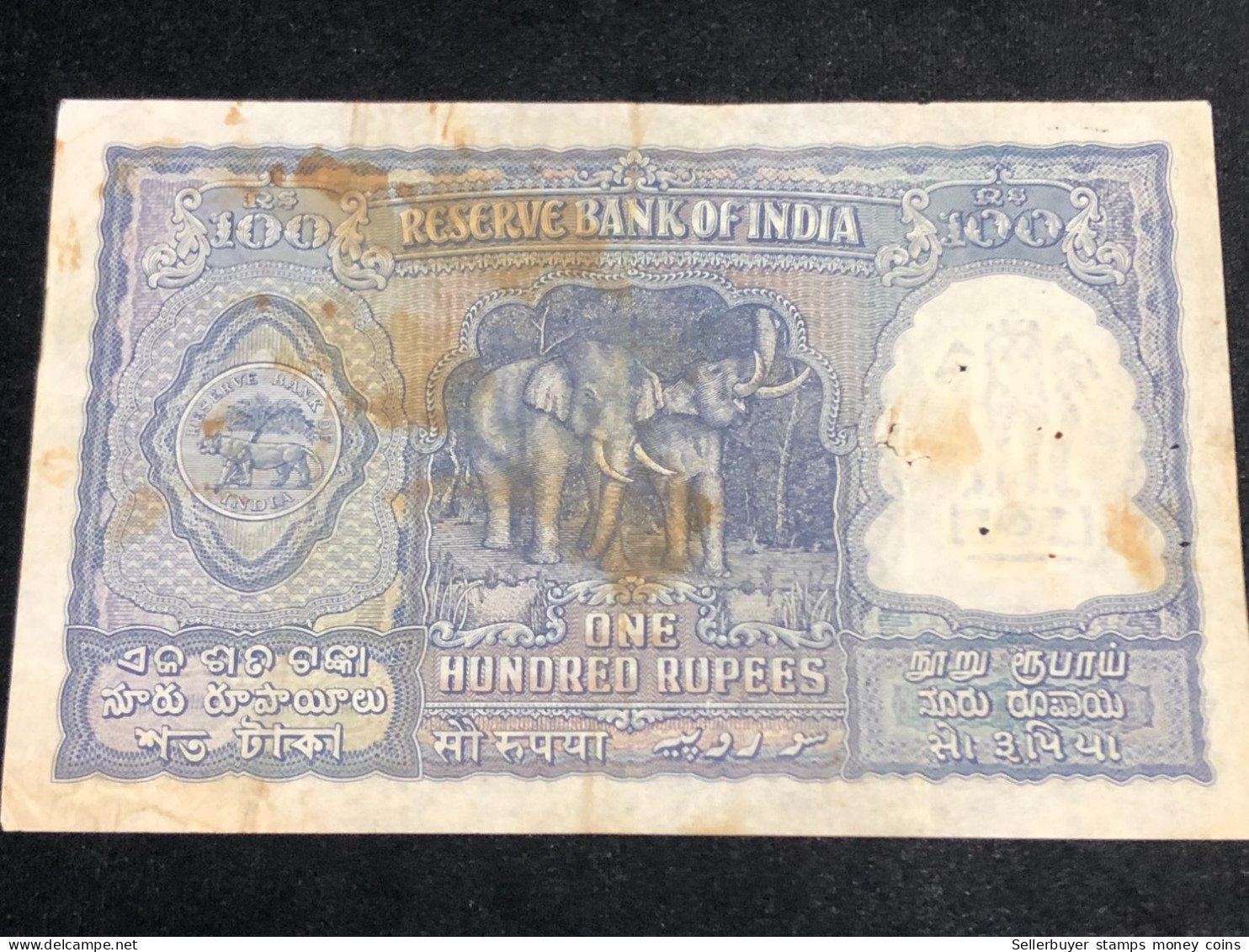 INDIA 100 RUPEES P-43  1957 TIGER ELEPHANT DAM MONEY BILL Rhas Pinhole ARE BANK NOTE Black Number Below 1 Pcs Au Very Ra - India
