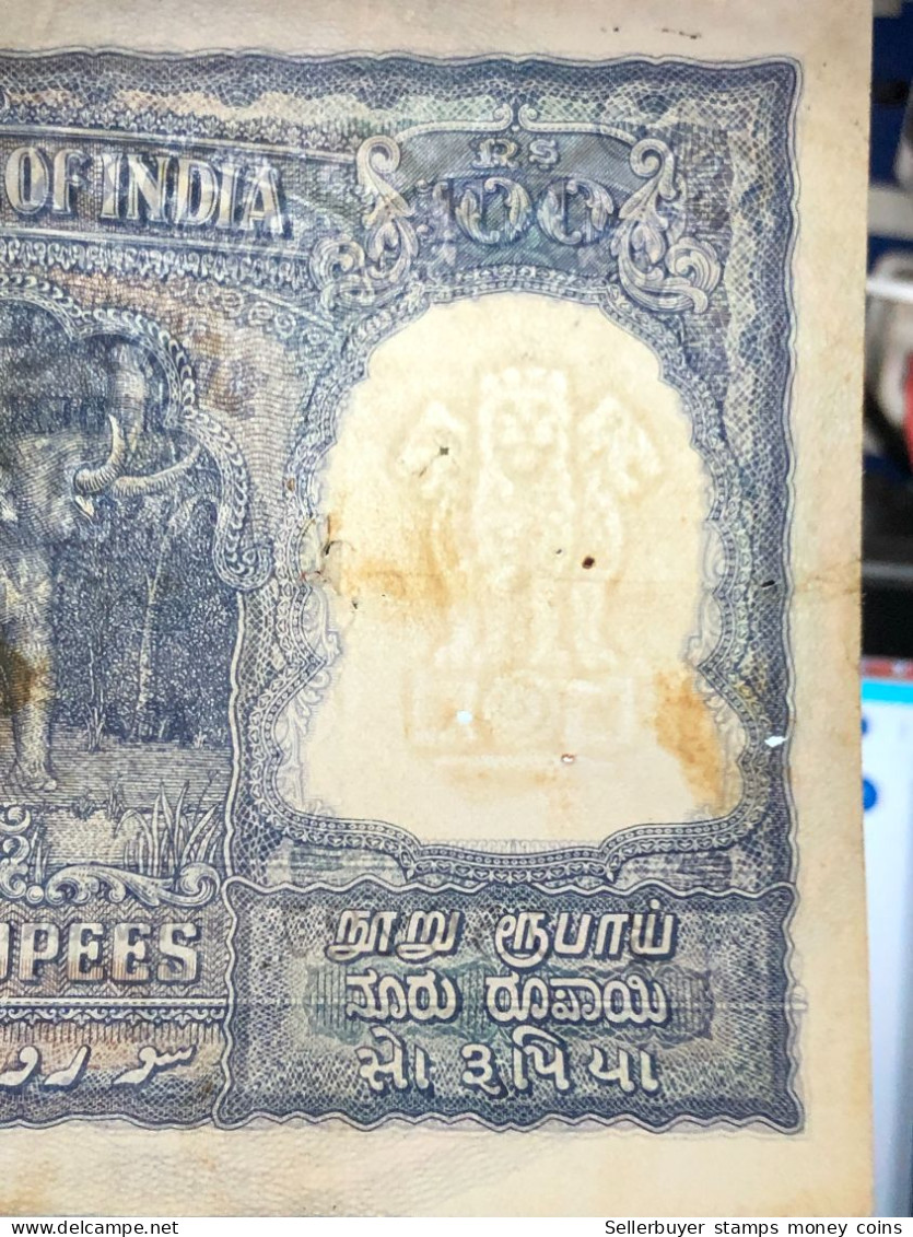 INDIA 100 RUPEES P-43  1957 TIGER ELEPHANT DAM MONEY BILL Rhas pinhole ARE BANK NOTE black number below 1 pcs au very ra