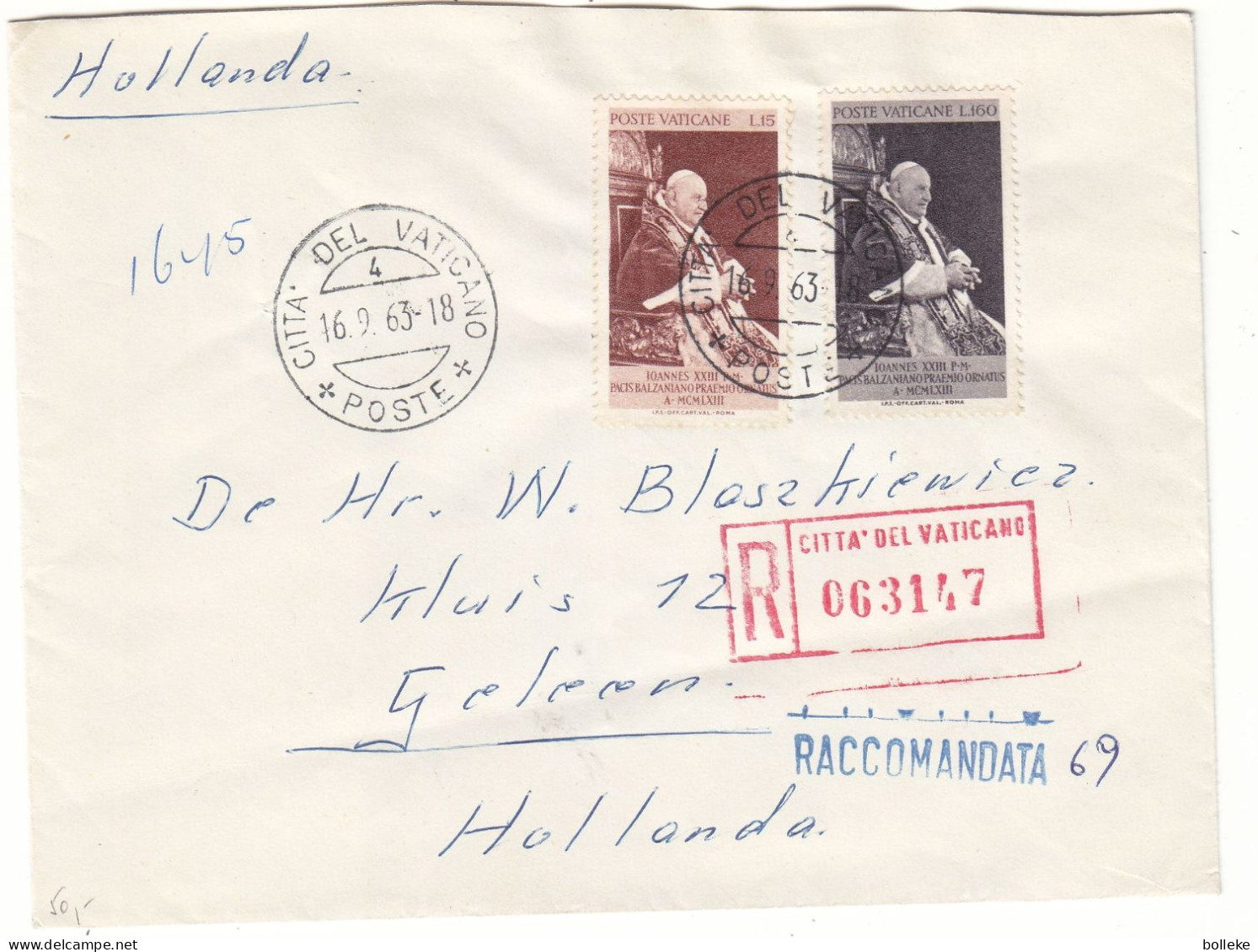 Vatican - Lettre Recommandée De 1963 - Oblit Citta Del Vaticano - Exp Vers Geleen - - Covers & Documents