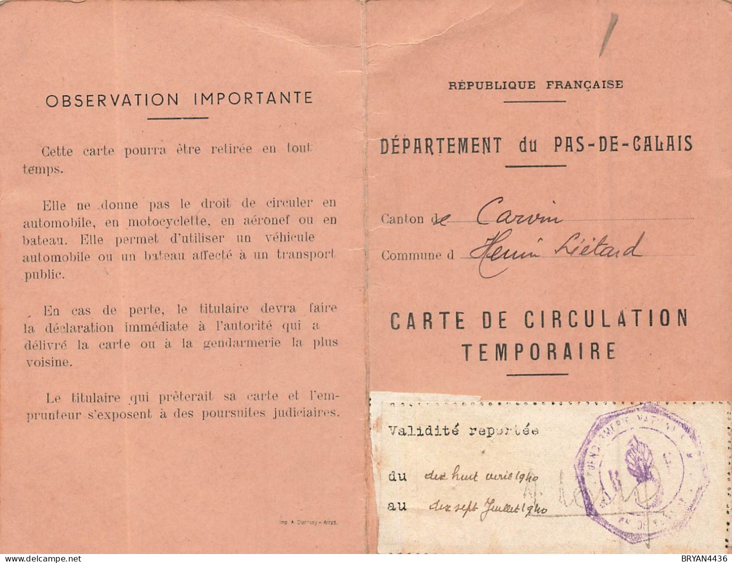 DOCUMENT W.W.2. - PAS DE CALAIS - HENIN LIETARD  - OCT. 1939 - CARTE De CIRCULATION TEMPORAIRE - Documents