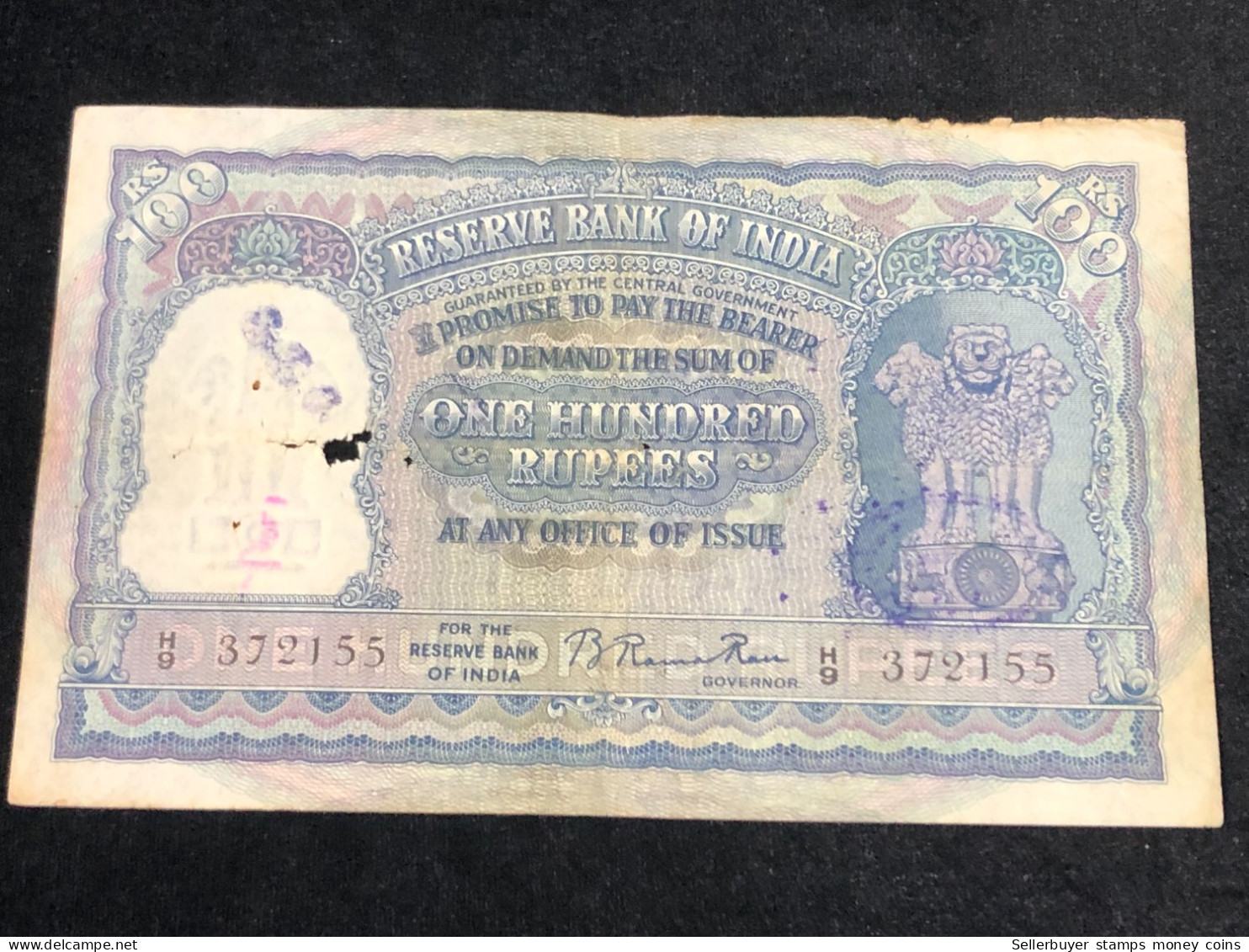 INDIA 100 RUPEES P-43  1957 TIGER ELEPHANT DAM MONEY BILL Rhas Pinhole ARE BANK NOTE Black Number Below 1 Pcs Au Very Ra - Indien