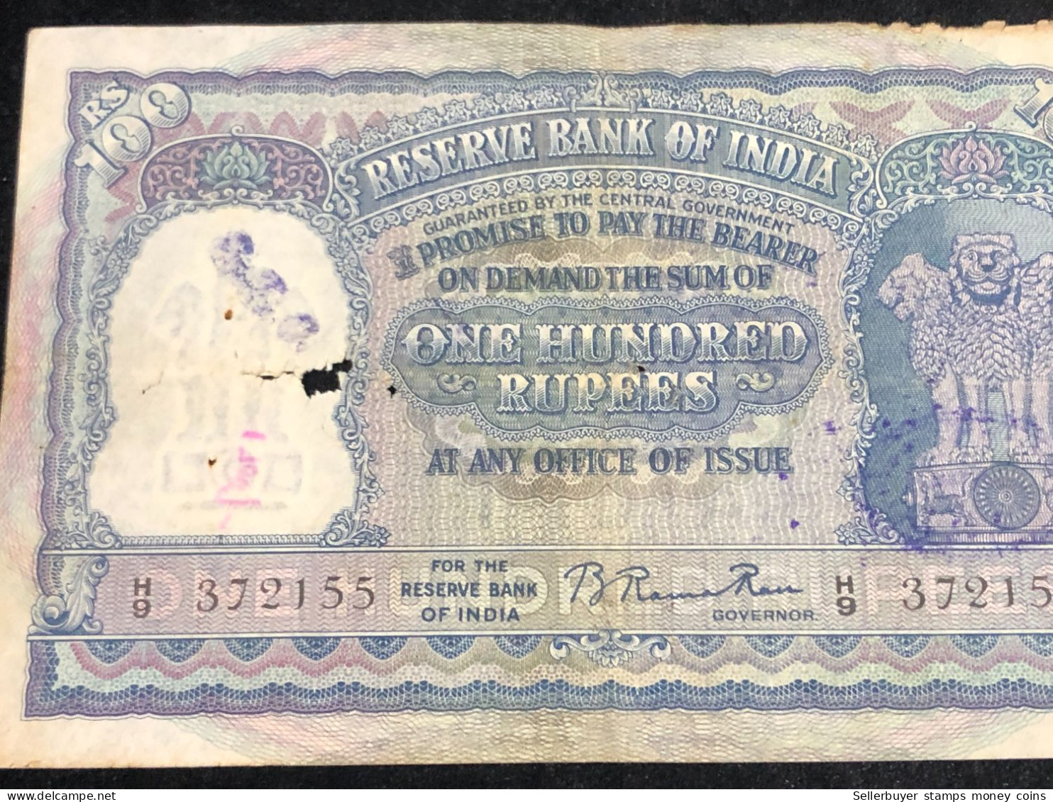 INDIA 100 RUPEES P-43  1957 TIGER ELEPHANT DAM MONEY BILL Rhas Pinhole ARE BANK NOTE Black Number Below 1 Pcs Au Very Ra - Indien