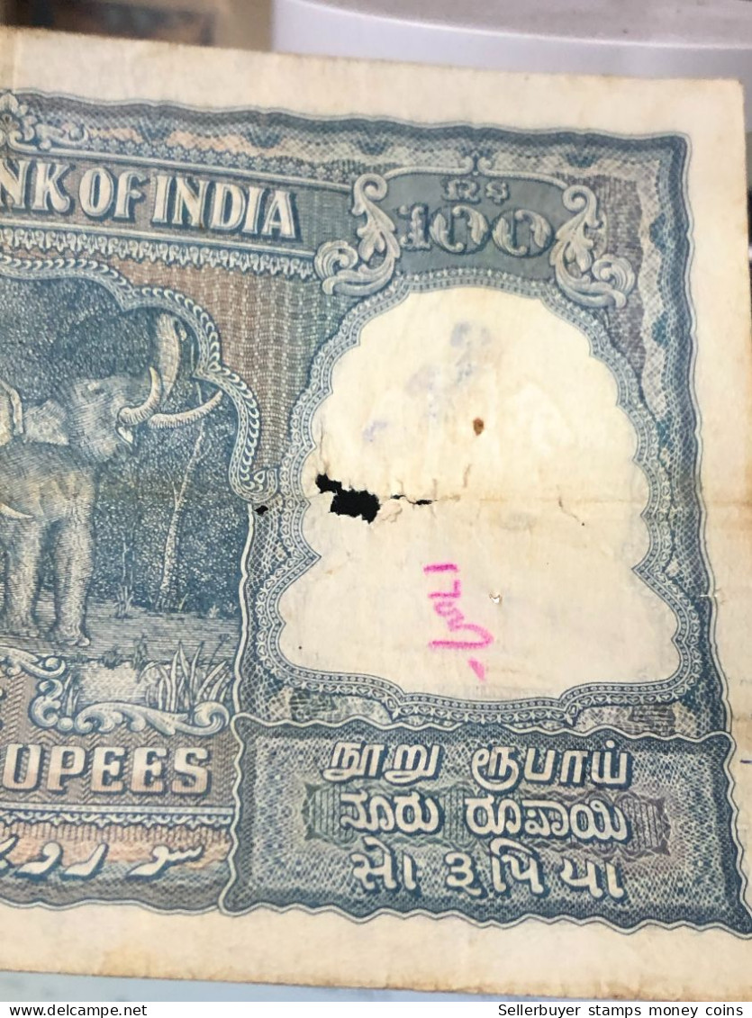 INDIA 100 RUPEES P-43  1957 TIGER ELEPHANT DAM MONEY BILL Rhas pinhole ARE BANK NOTE black number below 1 pcs au very ra