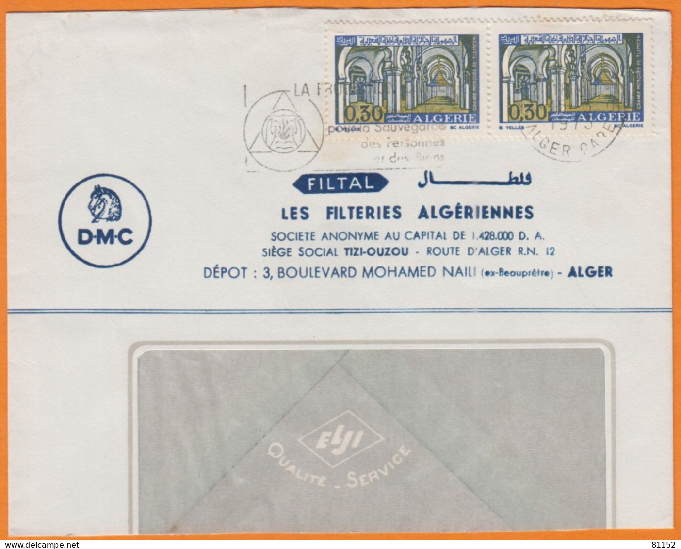 ALGERIE  Lettre Fenetre Pub  " FILTERIES "  De  ALGER   1973    Avec  Grande Mosquée De Tlemcen 30c  La Paire - Algeria (1962-...)