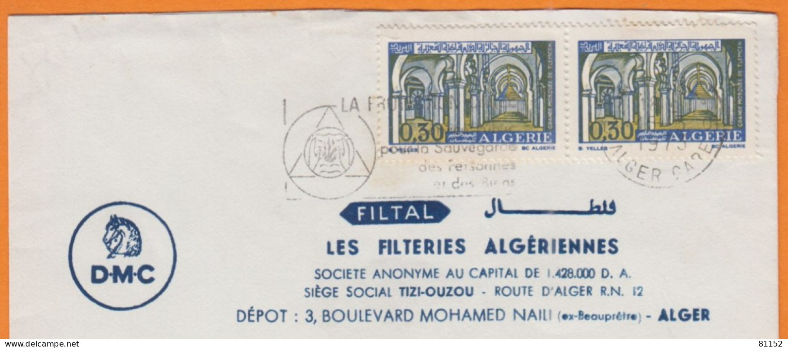 ALGERIE  Lettre Fenetre Pub  " FILTERIES "  De  ALGER   1973    Avec  Grande Mosquée De Tlemcen 30c  La Paire - Algérie (1962-...)
