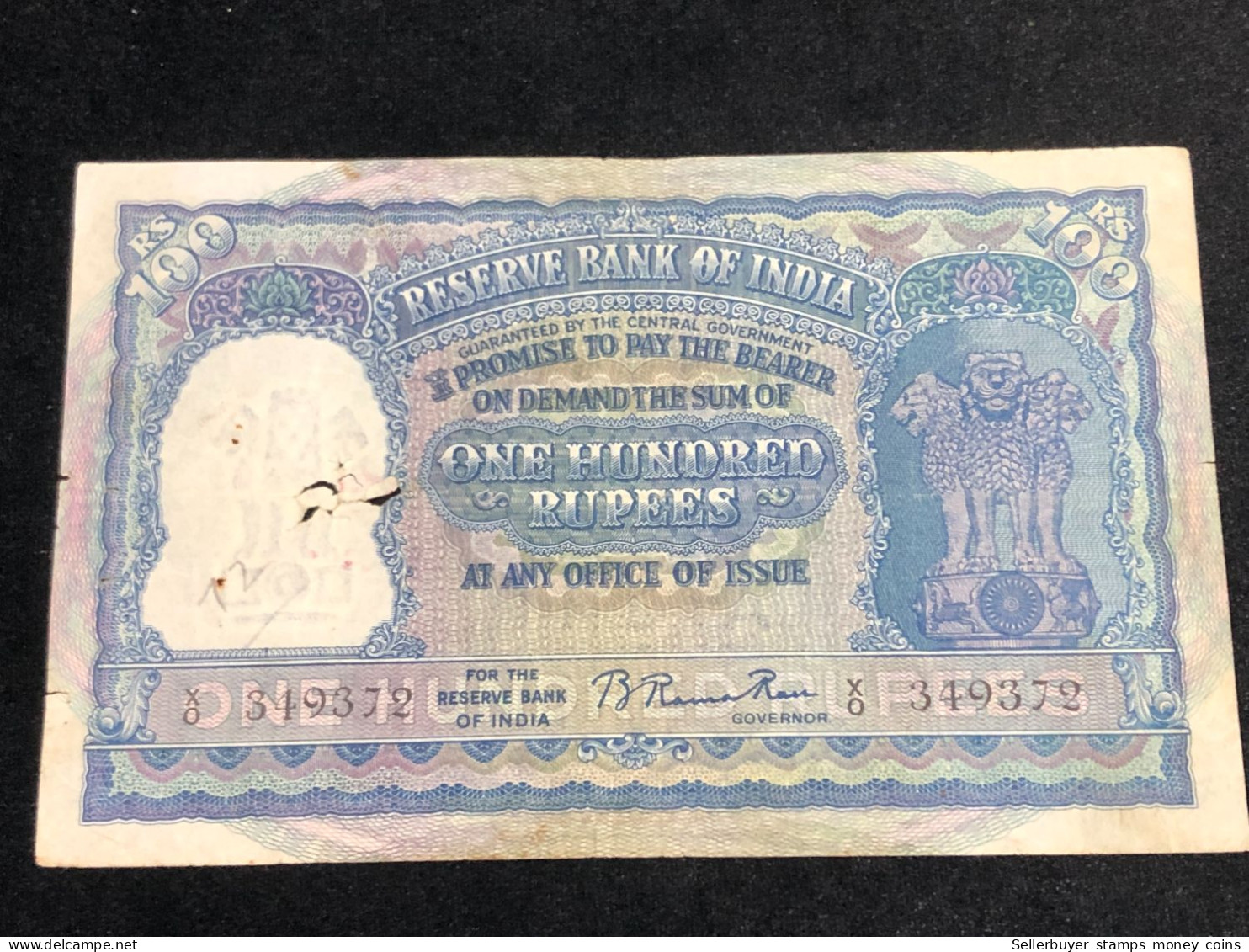 INDIA 100 RUPEES P-43  1957 TIGER ELEPHANT DAM MONEY BILL Rhas Pinhole ARE BANK NOTE Black Number Below 1 Pcs Au Very Ra - Inde