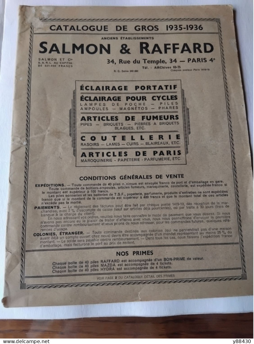 SALMON & RAFFARD à PARIS - Catalogue De 1935 - Éclairage Portatif Et Cycles  / Fumeurs / Coutellerie / - 20 Vues - Supplies And Equipment