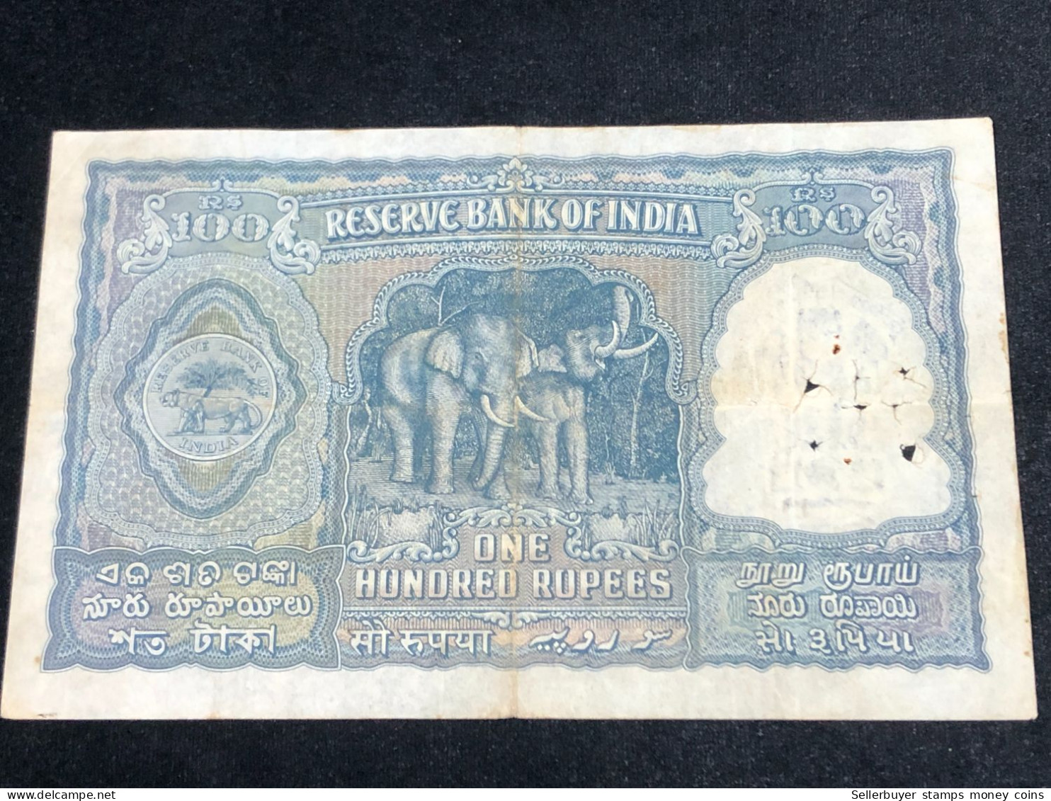 INDIA 100 RUPEES P-43  1957 TIGER ELEPHANT DAM MONEY BILL Rhas Pinhole ARE BANK NOTE Black Number Below 1 Pcs Au Very Ra - Indien